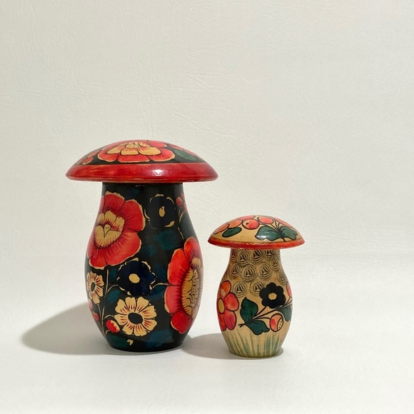 Other - Vintage Wooden Hand Painted Floral Mushroom Trinket Boxes